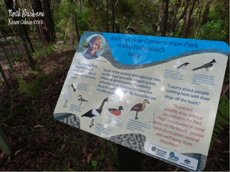 A well-illustrated and weather-proof sign board describing the birds that can be seen at Buckleys Hole Conservation Park, North Brisbane.